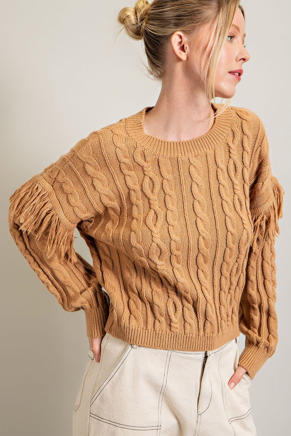 FRINGE LONG SLEEVE KNIT TOP CAMEL COLOR