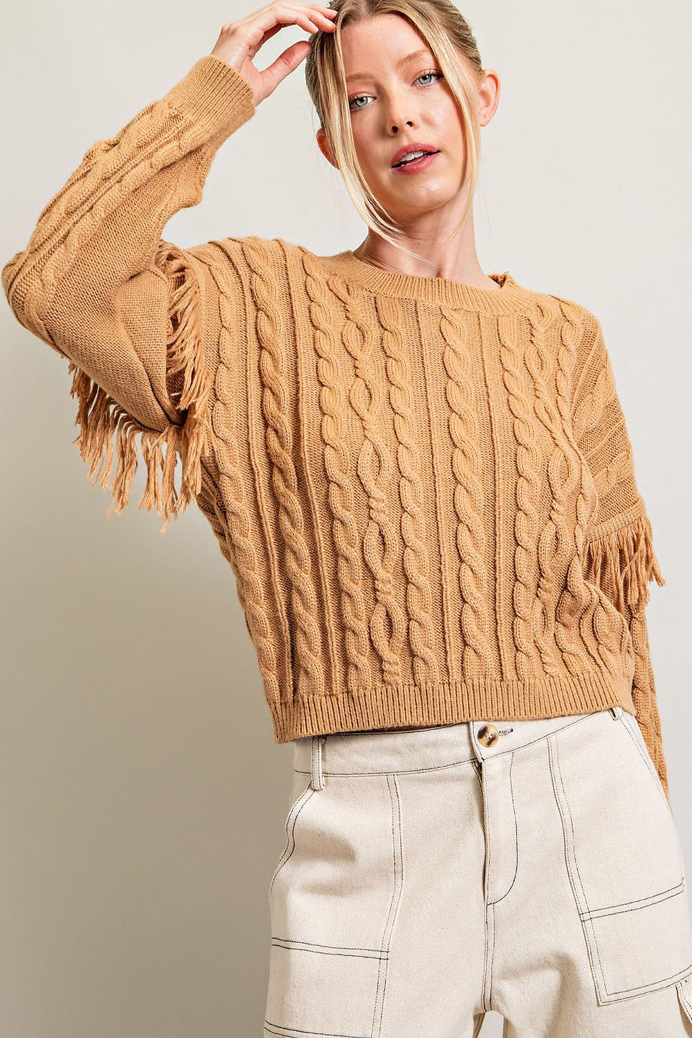 FRINGE LONG SLEEVE KNIT TOP CAMEL COLOR