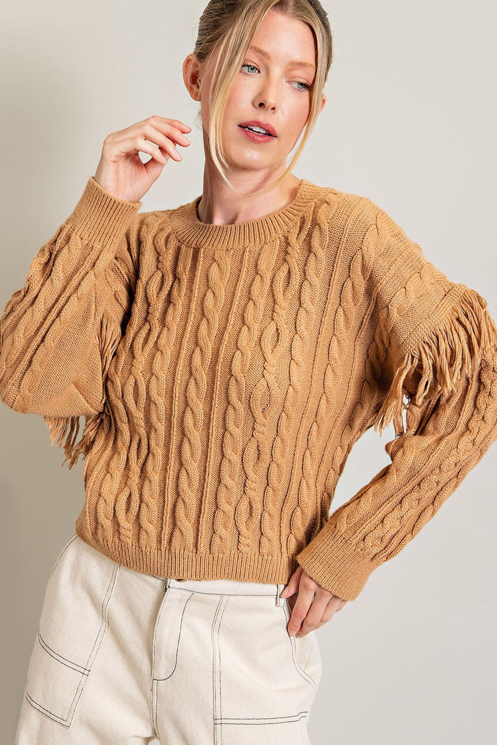 FRINGE LONG SLEEVE KNIT TOP CAMEL COLOR