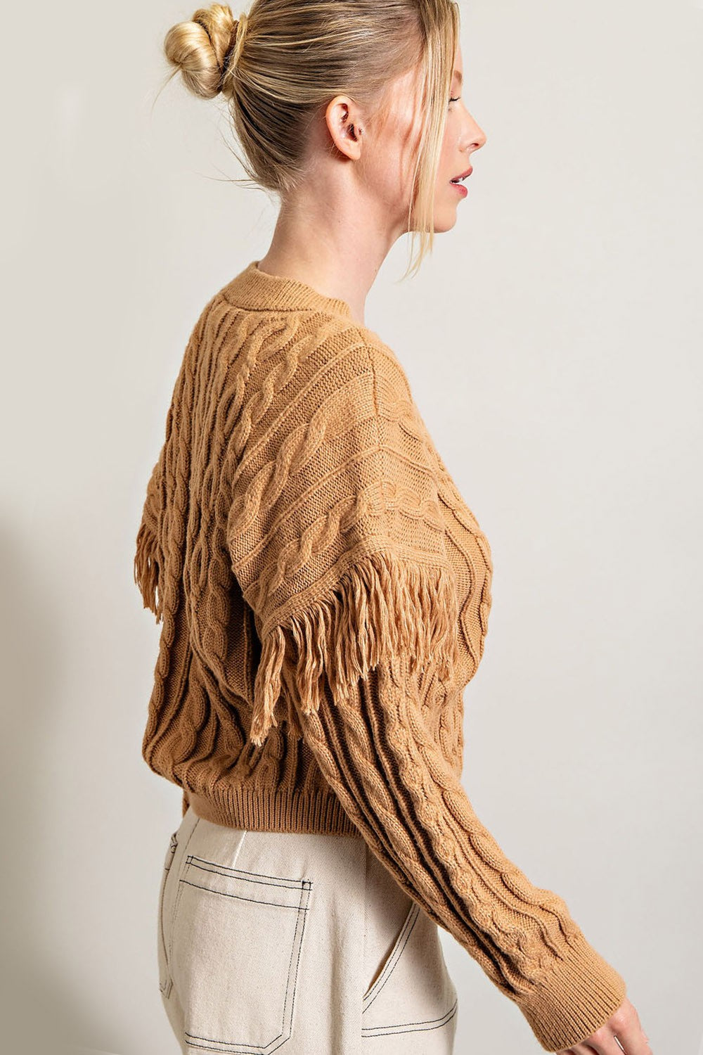 FRINGE LONG SLEEVE KNIT TOP CAMEL COLOR