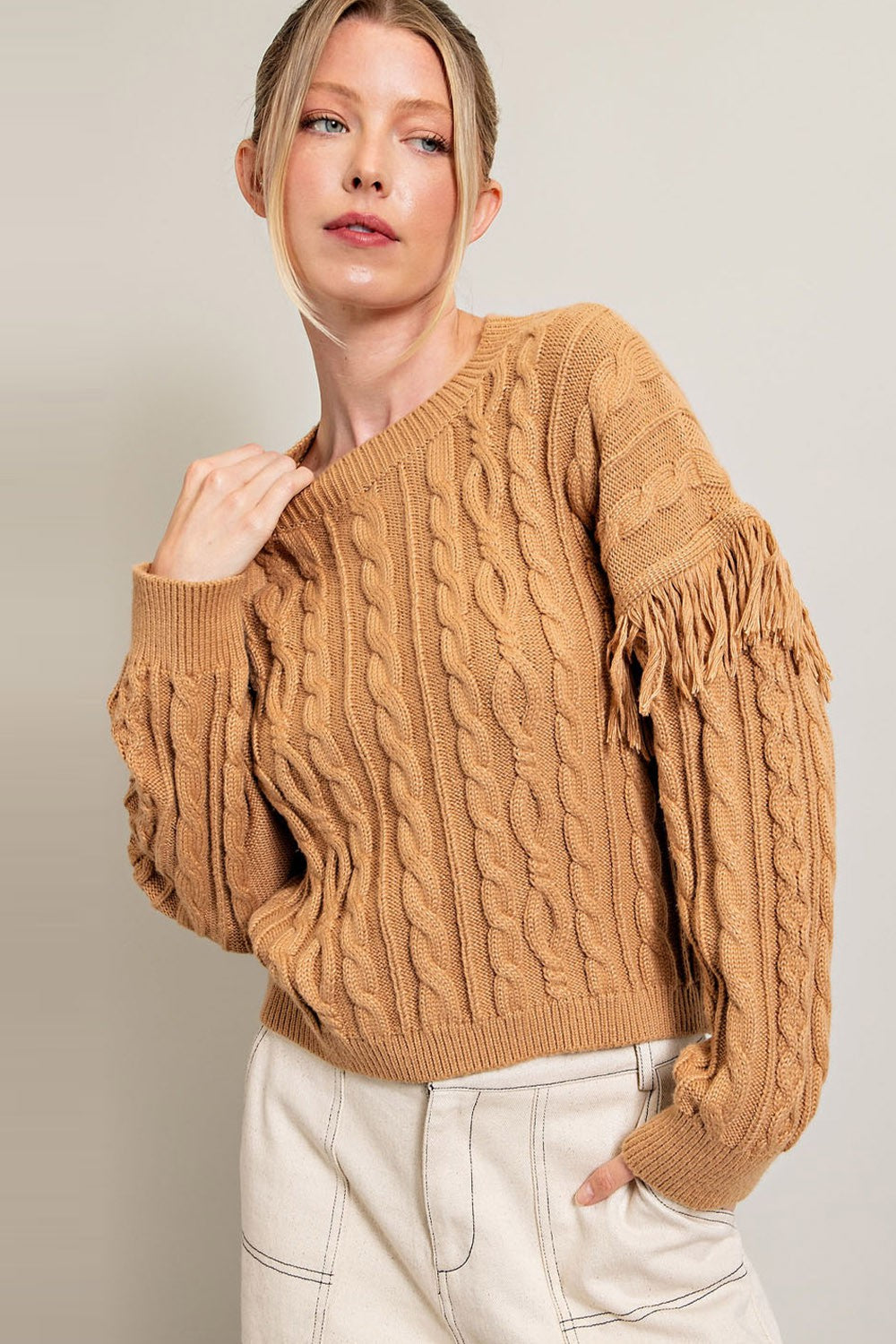 FRINGE LONG SLEEVE KNIT TOP CAMEL COLOR