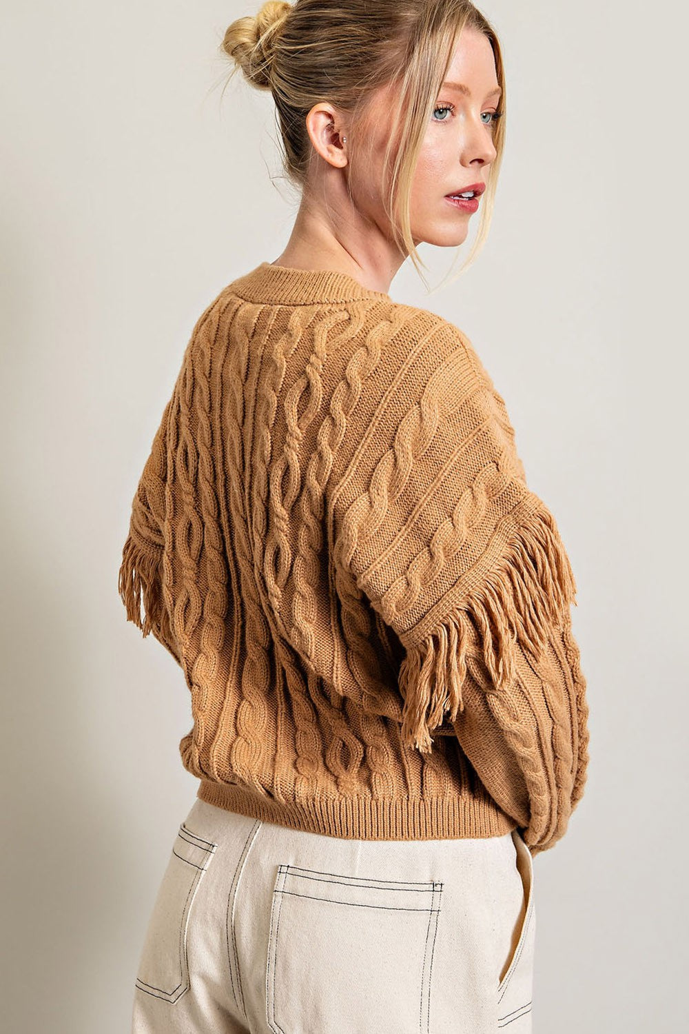 FRINGE LONG SLEEVE KNIT TOP CAMEL COLOR