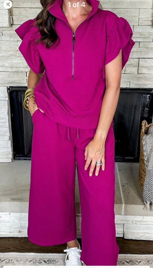 Ribbed Half Zip Ruffle Sleeve Pullover + Wide Leg Pant Set in Magenta