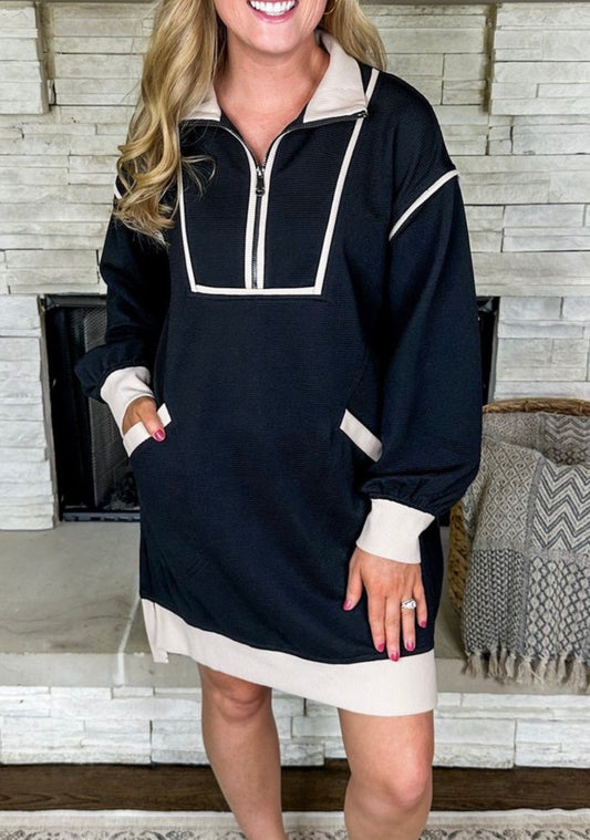 Cream Trim Quarter Zip Ribbed Long Sleeve Dress in Black