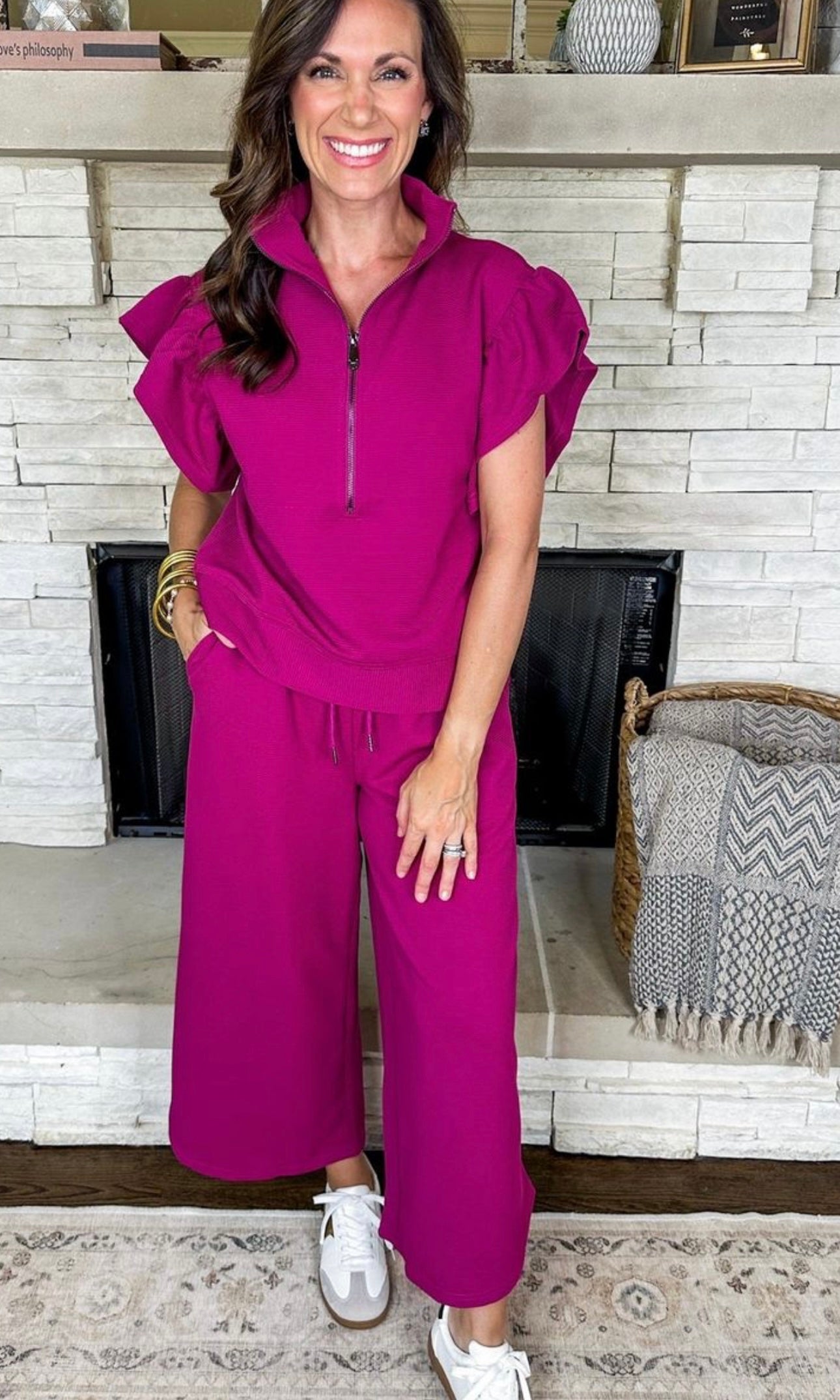 Ribbed Half Zip Ruffle Sleeve Pullover + Wide Leg Pant Set in Magenta