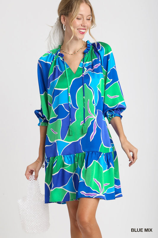 Abstract Print Blue Tie Dress