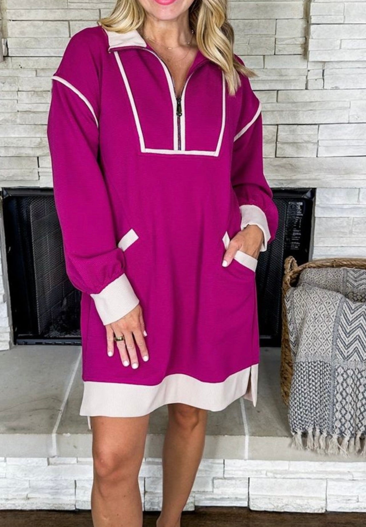 Cream Trim Quarter Zip Ribbed Long Sleeve Dress in Magenta