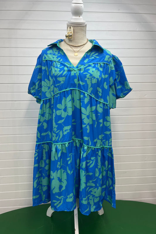 CURVY - Blue/Teal Floral A-Line Dress