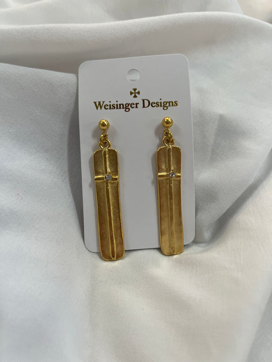 Gold Bar Drop Cross Earrings - Stud