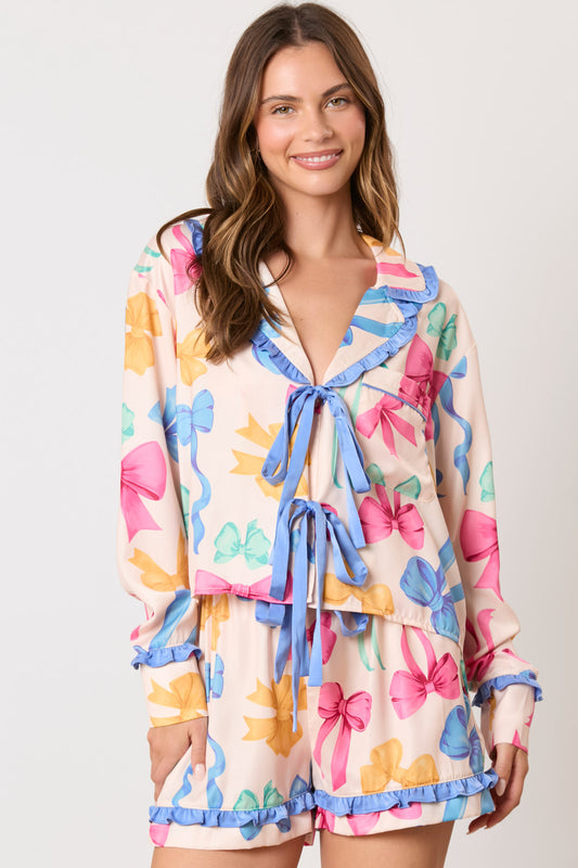 Multi Color Ribbon Printed Pajama Shirt