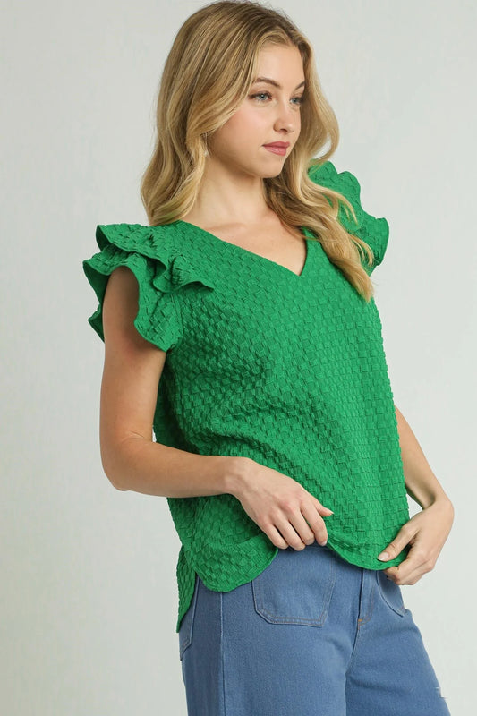 Umgee Solid Color Textured Jacquard Top in Green