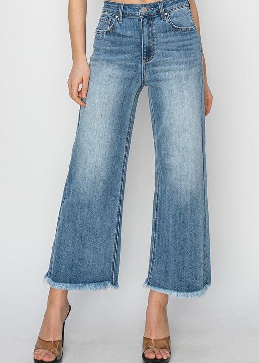 Risen Jeans - High Rise Frayed Ankle Wide Jeans - RDP1025