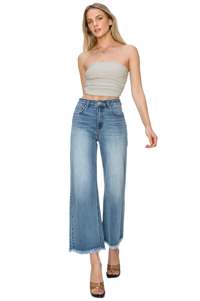 Risen Jeans - High Rise Frayed Ankle Wide Jeans - RDP1025