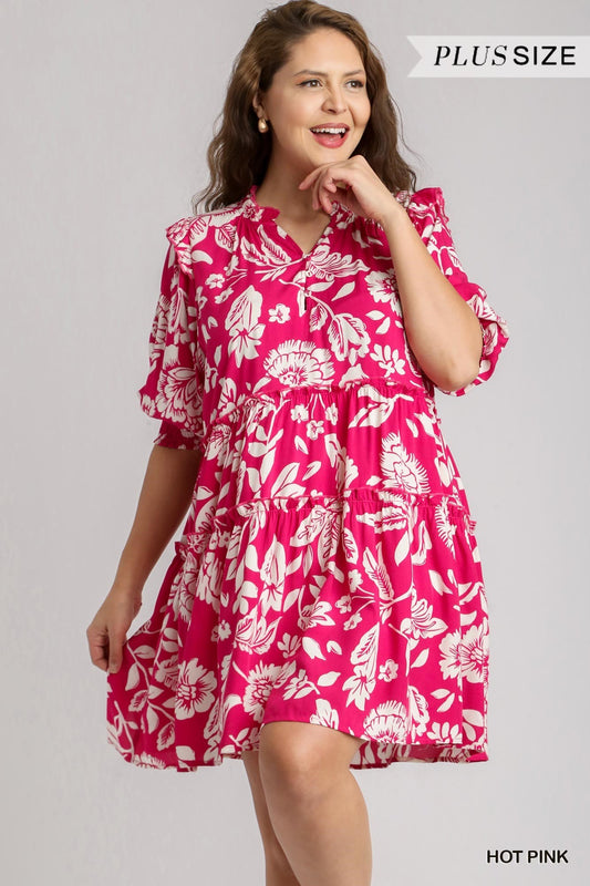 CURVY - Hot Pink Tiered Floral Dress
