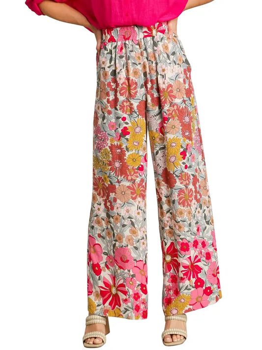 Floral Print Pleated Wide Leg Pants with Elastic Waistband