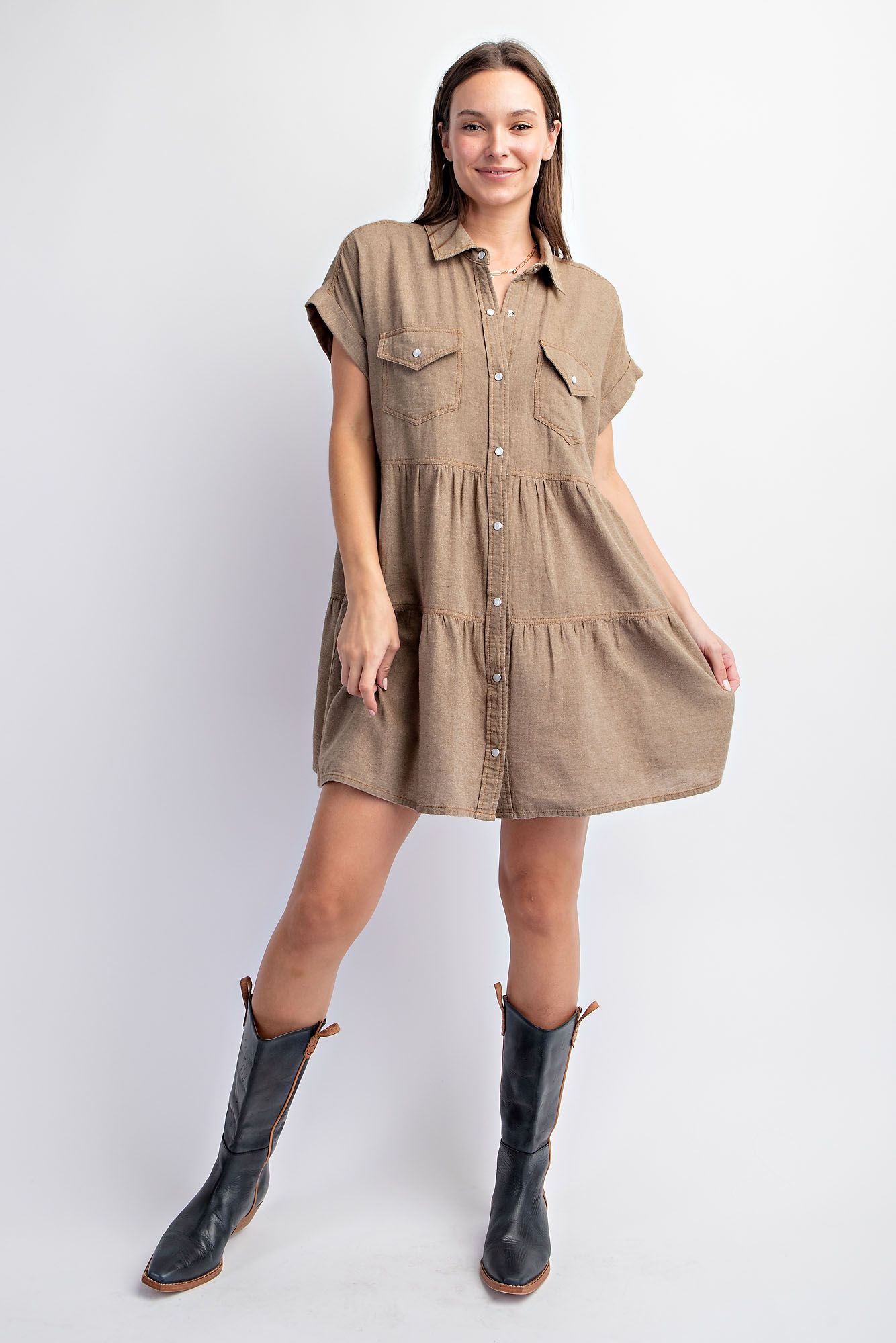 SHORT SLVS BUTTON DOWN TIERED SHIRT DRESS