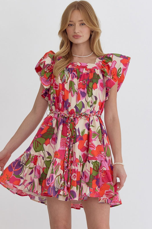 Floral print square neck ruffle
