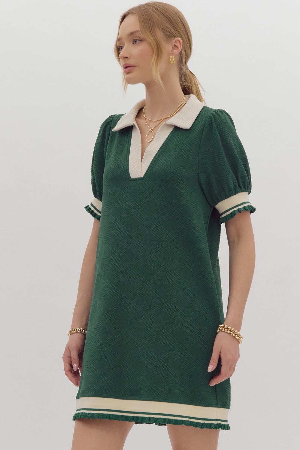 Green Solid Textured Short Sleeve Dress