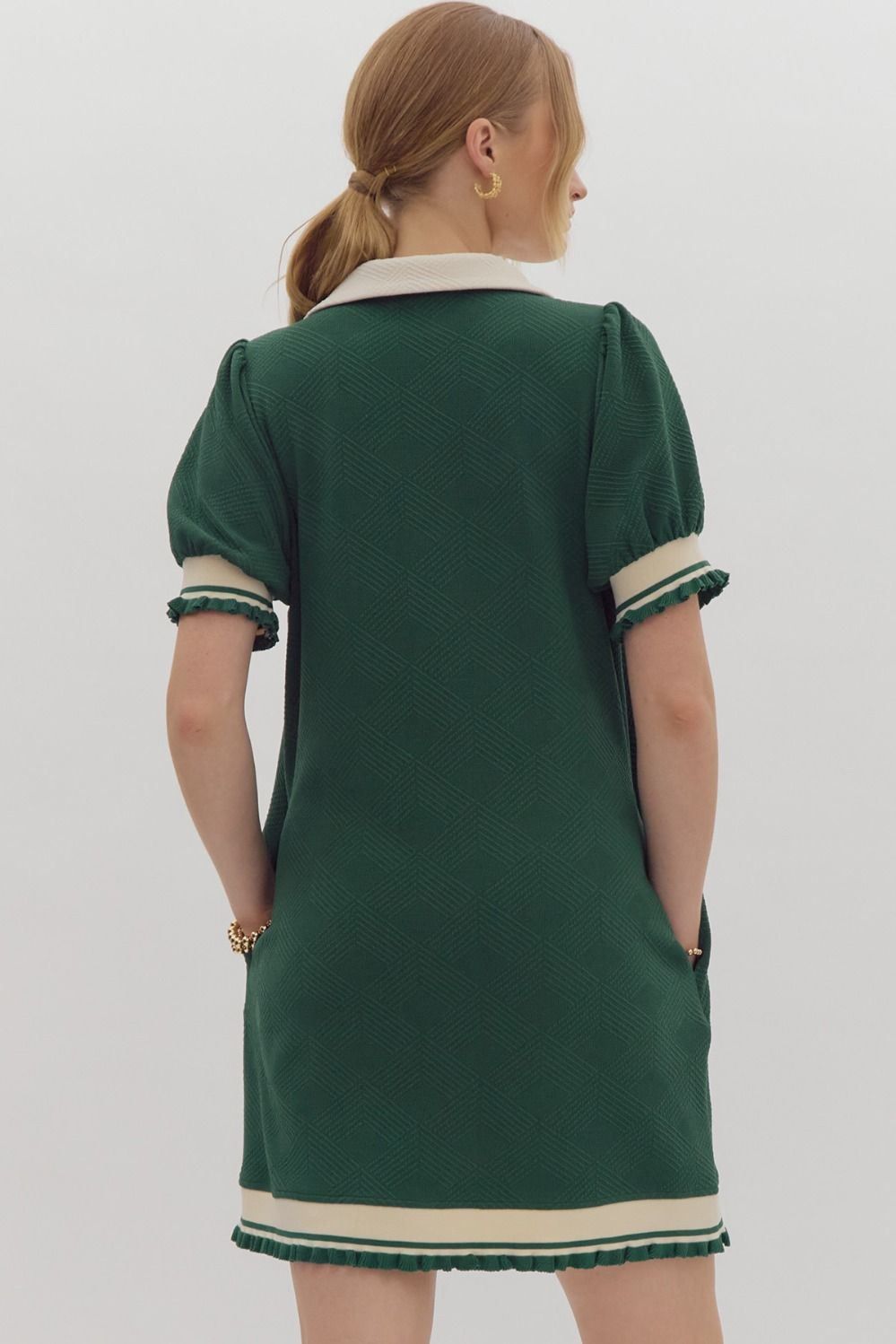 Green Solid Textured Short Sleeve Dress