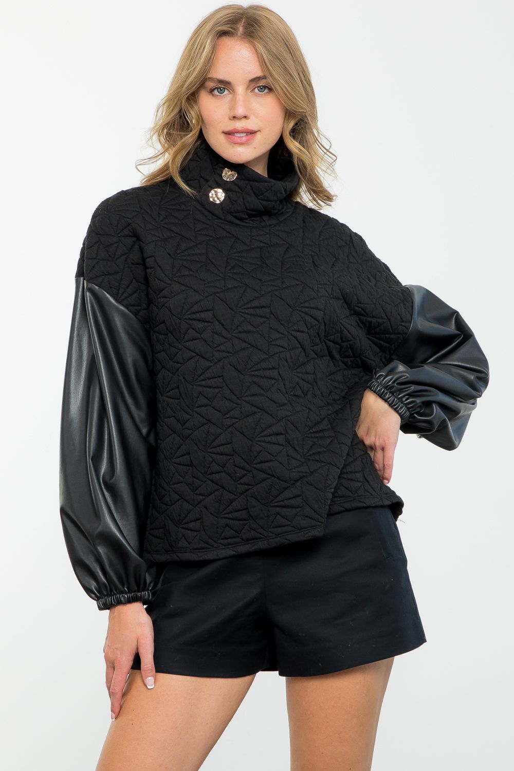 Black Leather Sleeve Textured Top